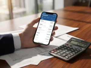 Zakenman houdt smartphone met maandelijkse factuuroverzicht boven eiken bureau met papieren rekeningen en calculator