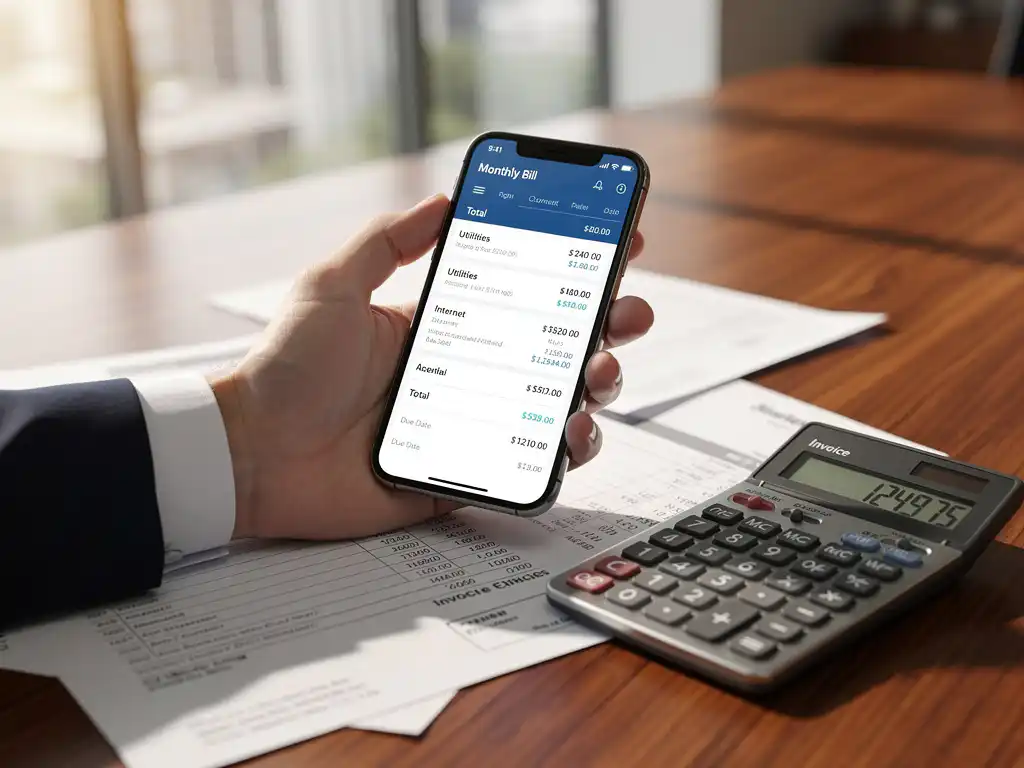 Zakenman houdt smartphone met maandelijkse factuuroverzicht boven eiken bureau met papieren rekeningen en calculator
