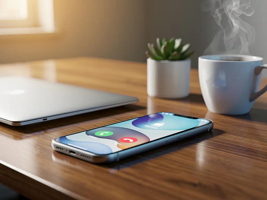 Smartphone met actief gesprek op houten bureau naast laptop, koffiekop en succulent in warm ochtendlicht