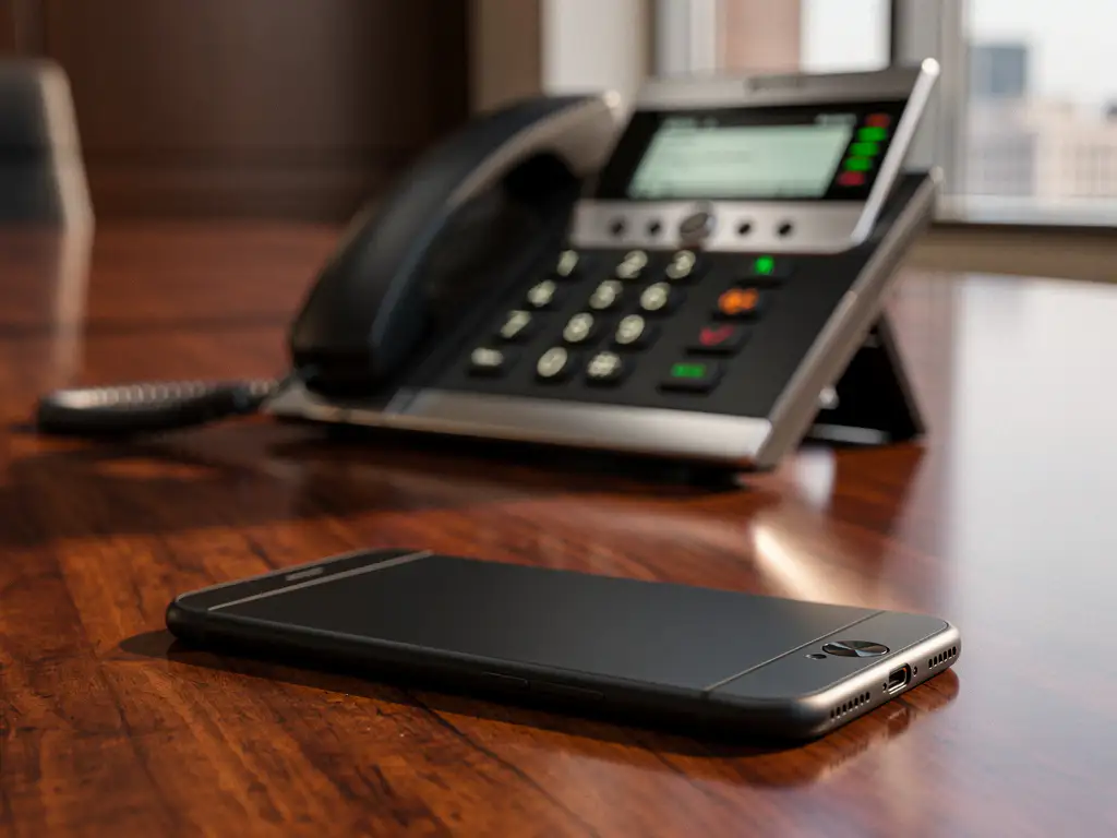 Zwarte smartphone ligt ondersteboven op gepolijste houten vergadertafel terwijl bureautelefoon met verlichte knoppen op achtergrond staat