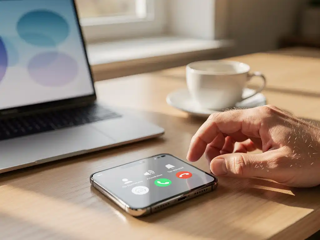 Moderne smartphone met meerdere zakelijke telefoonnummers op scherm, op wit bureau naast laptop en koffiekop