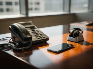 Verweerde zwarte bureautelefoon uit de jaren '90 naast moderne smartphone en draadloze headset op gepolijst houten bureau