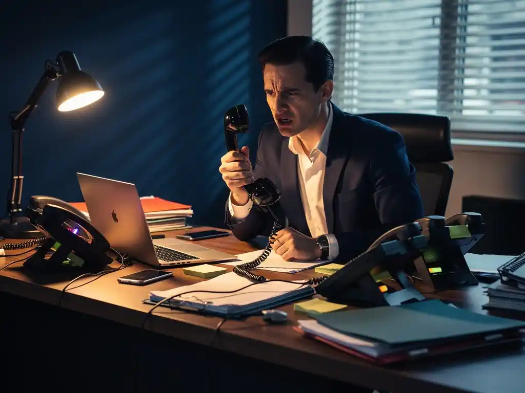 Gefrustreerde kantoormedewerker houdt oude zwarte telefoonhoorn vast aan rommelig bureau met meerdere rinkelende telefoons