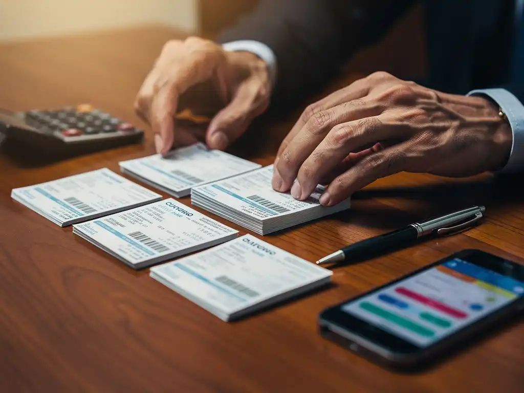 Bedrijfsmanager organiseert mobiele telefoonrekeningen en facturen op houten bureau met calculator en pen