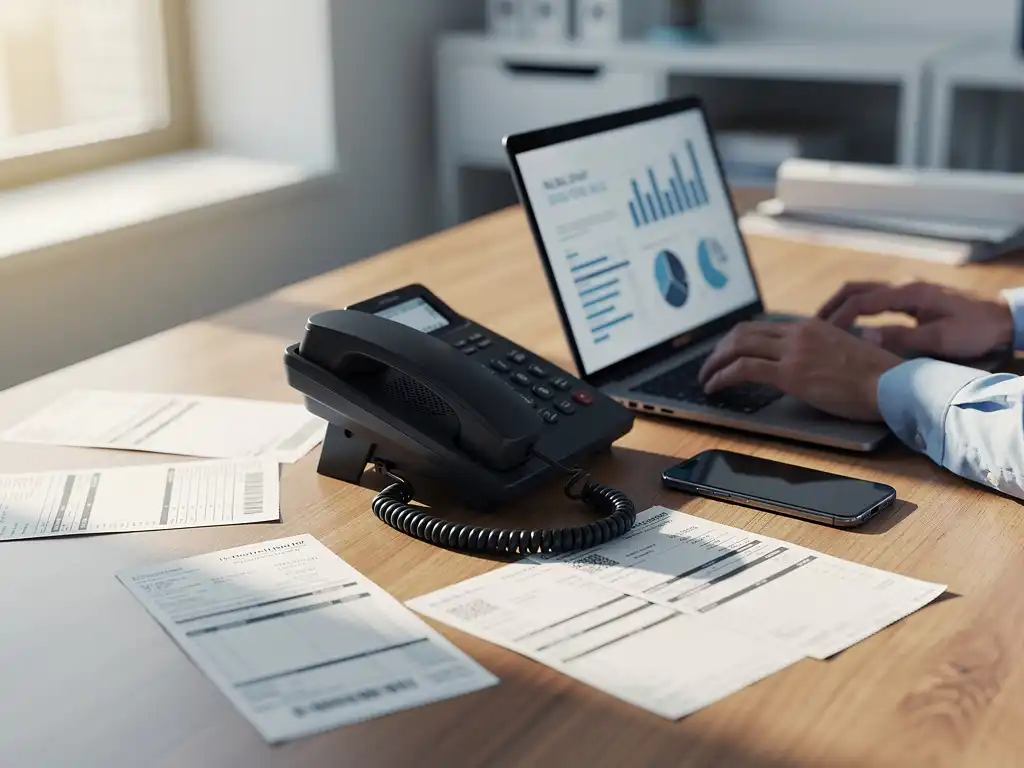 Moderne kantoorbureau met zwarte vaste telefoon omringd door telefoonrekeningen, smartphone en laptop met kostenbesparing grafieken
