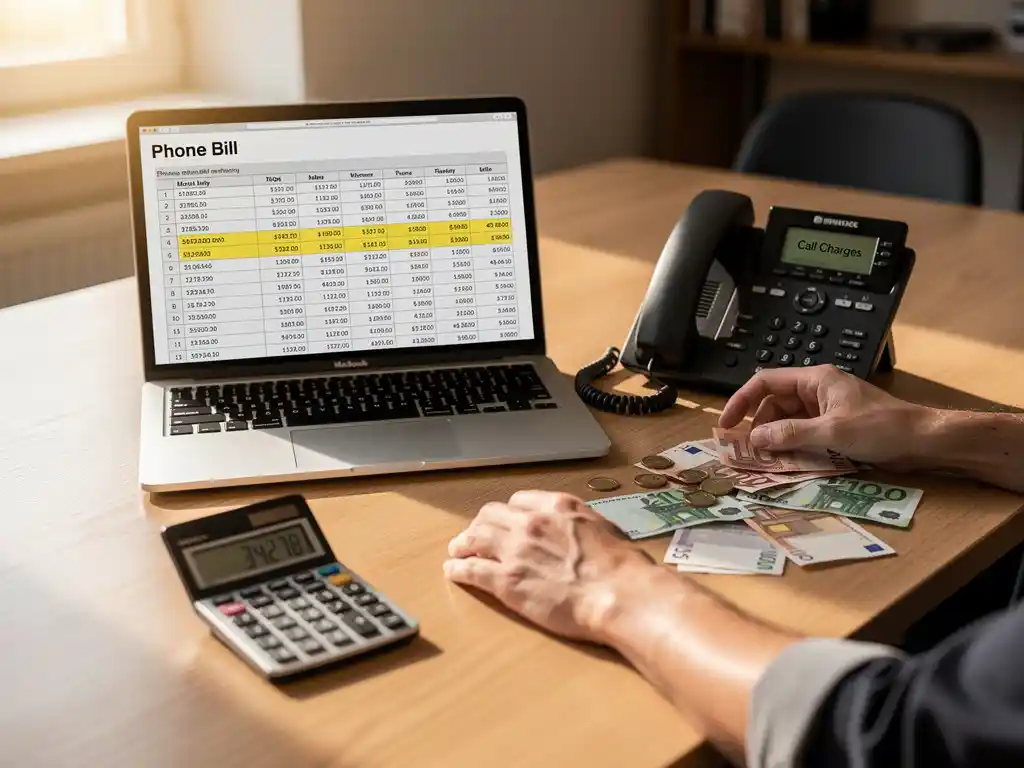 Moderne kantoorbureau met laptop die maandelijkse telefoonrekening toont, zakelijke telefoon naast euro bankbiljetten en rekenmachine
