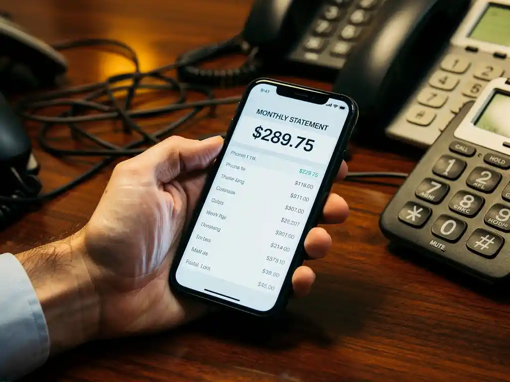 Zakenman houdt smartphone met dure maandelijkse telefoonrekening boven mahonie vergadertafel met vaste telefoons en kabels