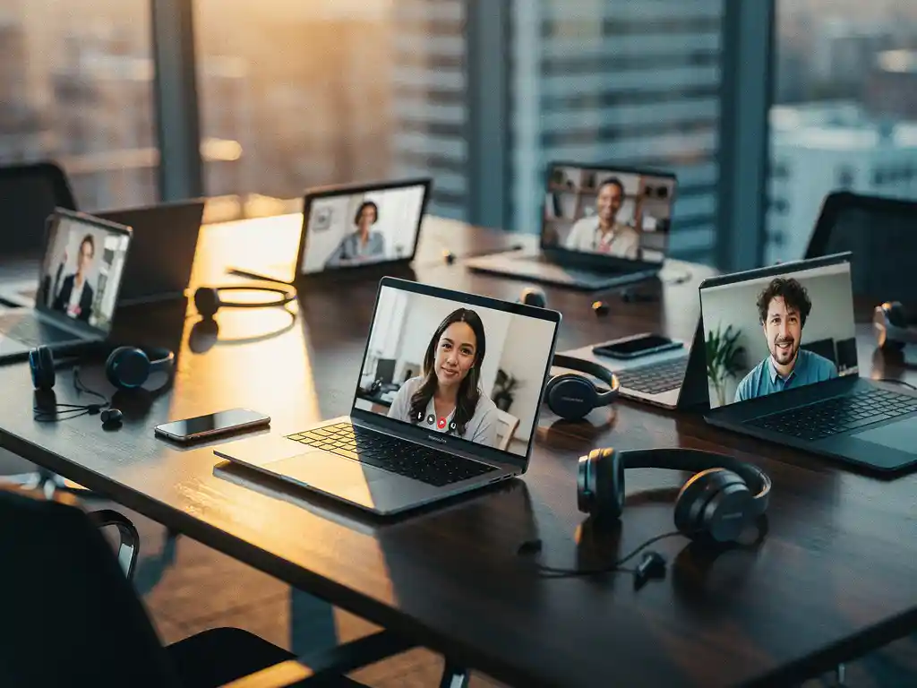Moderne vergadertafel met laptops die videogesprekken tonen van teamleden in thuiskantoren, headsets en smartphones verspreid op gepolijst hout