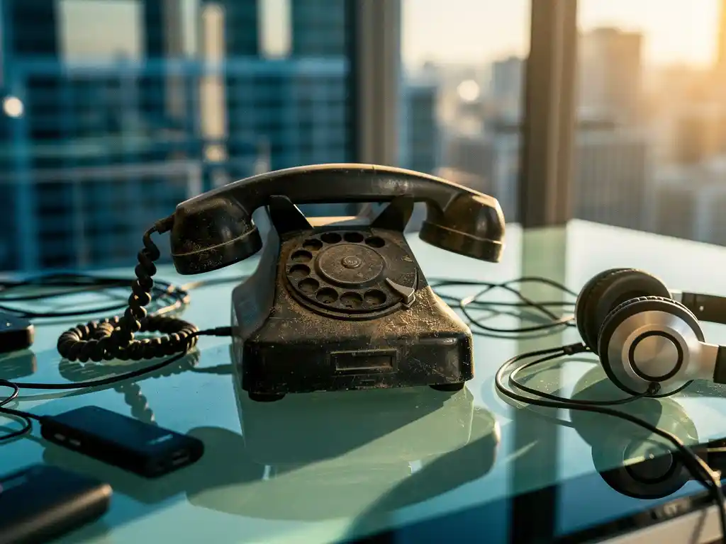 Vintage zwarte draaitelefoon op modern glazen bureau omringd door ethernetkabels en draadloze headsets in gouden zonlicht