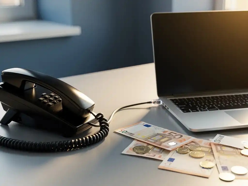 Moderne kantoorbureau met zwarte vaste telefoon verbonden via kabel die overgaat in ethernetkabel naar laptop, omringd door eurobiljetten en munten