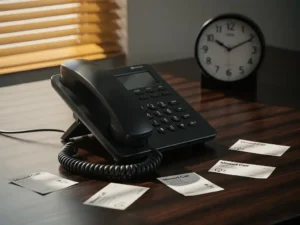 Zwarte bureautelefoon met hoorn van de haak, gemiste oproep notities en klok op houten bureau in warm middaglicht