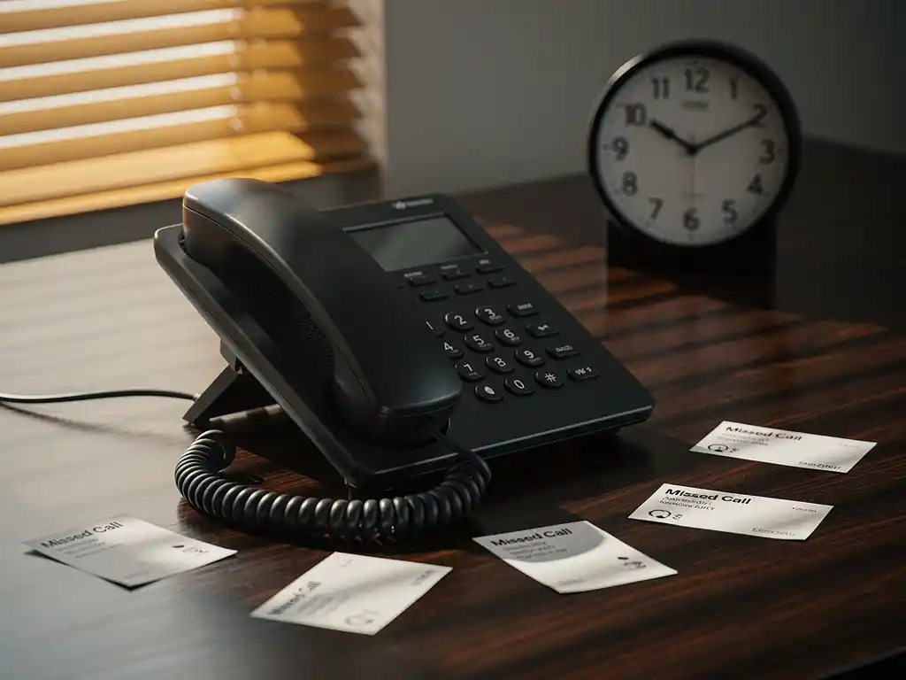 Zwarte bureautelefoon met hoorn van de haak, gemiste oproep notities en klok op houten bureau in warm middaglicht