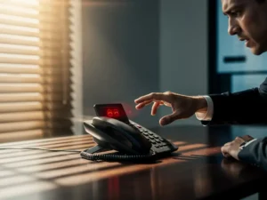 Zakenman in pak reikt naar rinkelende zwarte telefoon met rode gemiste oproep meldingen op modern kantoorbureau