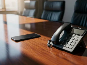 Zwarte smartphone en moderne bureautelefoon op eiken vergadertafel in professionele kantooromgeving met warme verlichting