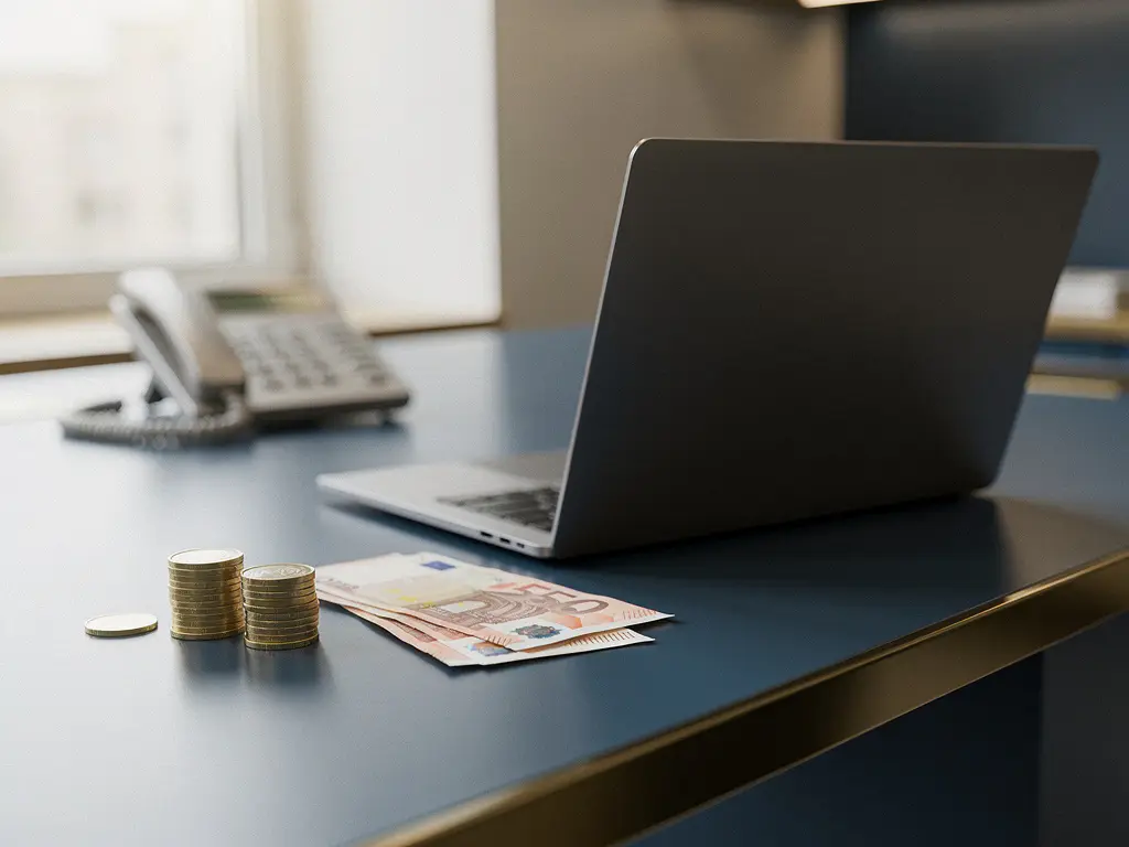 Moderne bureautelefoon opzijgeschoven naast laptop met euromunten en bankbiljetten op kantoorbureau, symboliseert kostenbesparingen op telefonie.