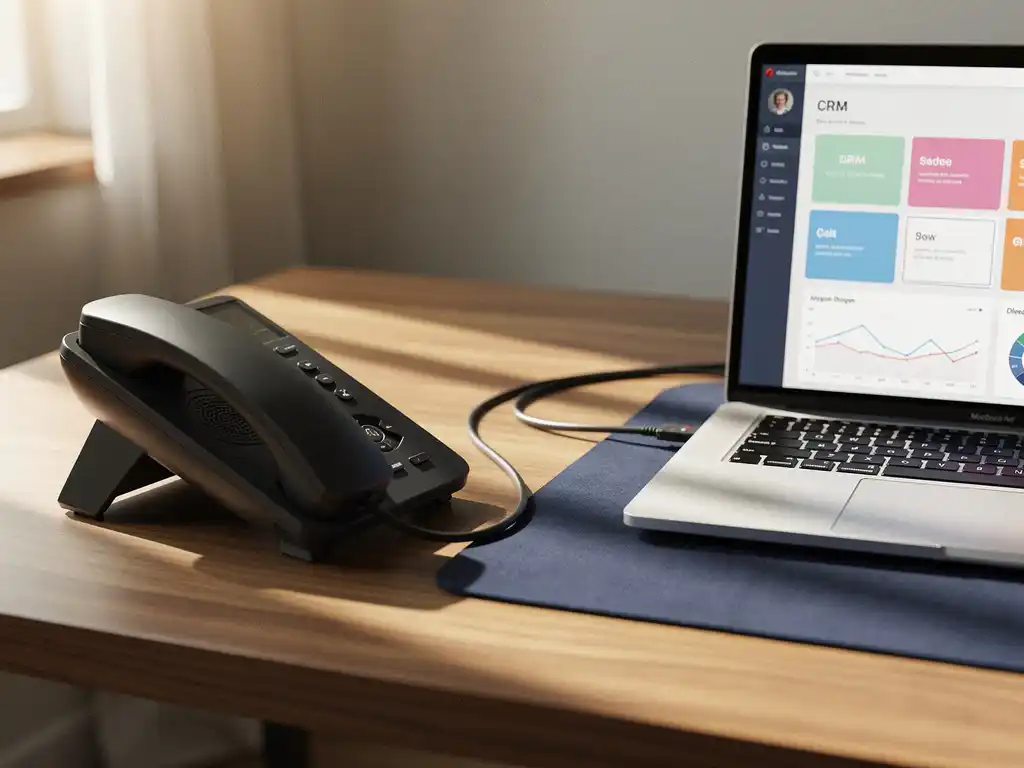 Kantoortelefoon verbonden via kabel met laptop met CRM-dashboard, in professionele werkruimte met natuurlijk raamlicht.