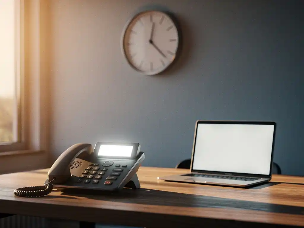 Moderne bureautelefoon met verlicht display naast een open laptop op kantoor, zachte middagzon en wandklok op de achtergrond.