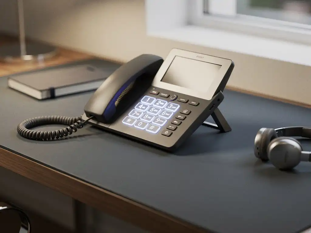 Moderne kantoortelefoon met verlicht toetsenpaneel op een zakelijk bureau met notitieboek en draadloze headset.