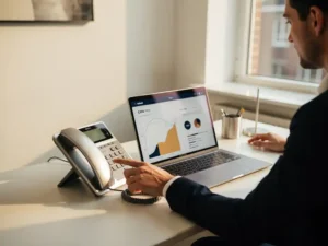 Professional reikt naar bureautelefoon naast laptop met open CRM-dashboard in modern Nederlands kantoor met natuurlijk licht.