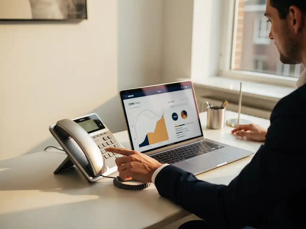 Professional reikt naar bureautelefoon naast laptop met open CRM-dashboard in modern Nederlands kantoor met natuurlijk licht.