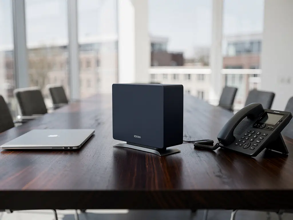 Draadloze router op donker eikenhouten vergadertafel in modern kantoor, omringd door laptop en bureautelefoon, zacht daglicht.