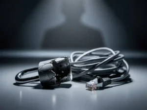 Gebarsten open hangslot op zakelijk bureau naast verward ethernetkabel, dramatisch bovenlicht in staalblauwe en antraciet tinten.