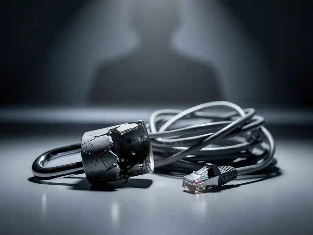 Gebarsten open hangslot op zakelijk bureau naast verward ethernetkabel, dramatisch bovenlicht in staalblauwe en antraciet tinten.