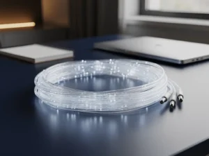 Glasvezelkabelbundel met gloeiende wit-blauwe stranden op modern bureau, laptop en notitieboek op achtergrond.