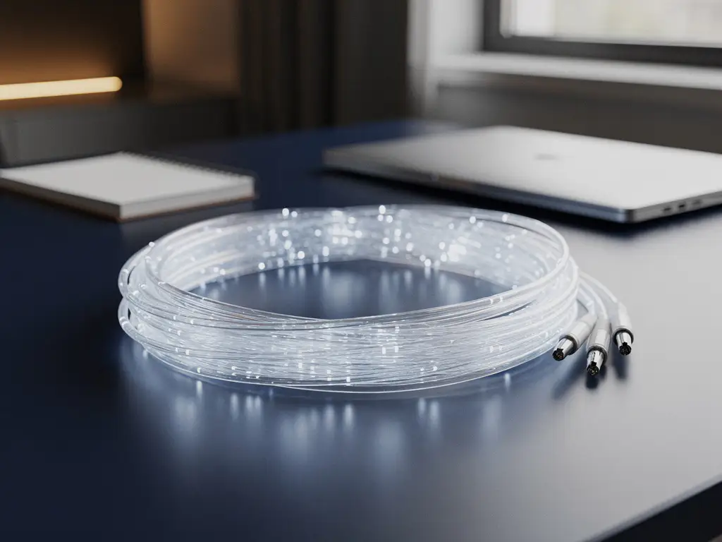 Glasvezelkabelbundel met gloeiende wit-blauwe stranden op modern bureau, laptop en notitieboek op achtergrond.
