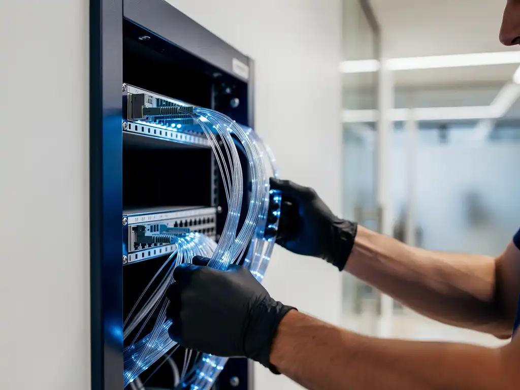 Glasvezelkabelbundel tijdens professionele installatie in wandgemonteerd netwerk­paneel in modern Nederlands kantoor, verlicht met koel blauw licht.