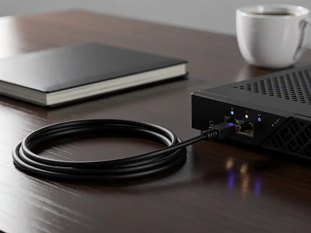 Glasvezelkabel aangesloten op bedrijfsrouter met gloeiende indicatorlampjes op donker kantoorbureau.