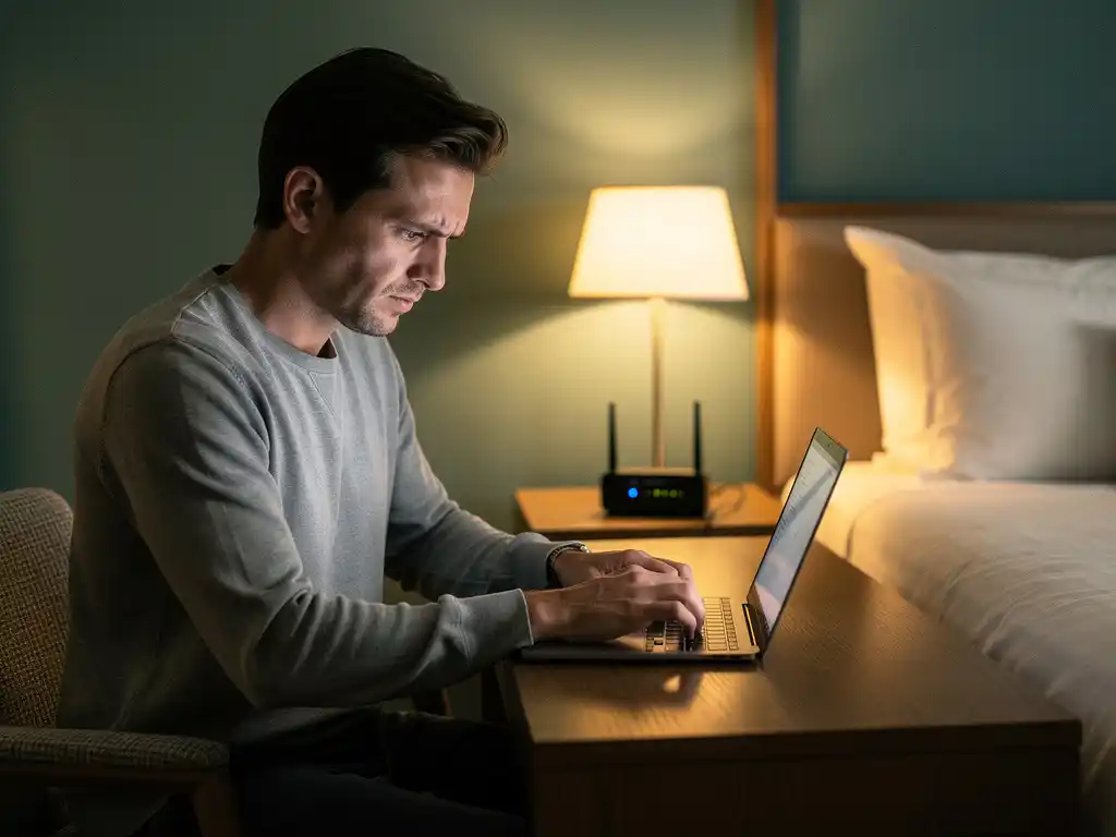 Gefrustreerde hotelgast aan bureau met open laptop, wifi-router op nachtkastje, warme sfeerverlichting in moderne hotelkamer.