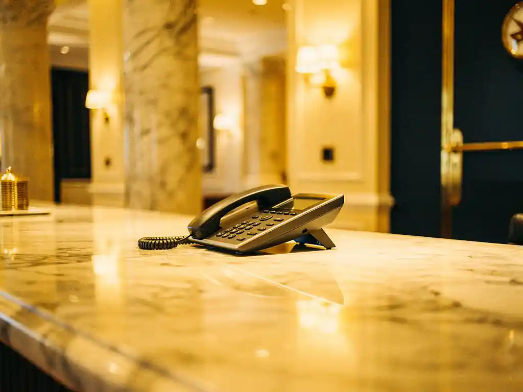 Moderne hotelreceptiebalie met bureautelefoon, verlicht door warm goudkleurig licht en marmeren oppervlakken op de achtergrond.