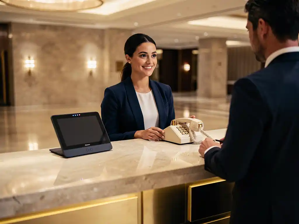 Hotelreceptionist helpt gast aan balie met zowel cloud telefoonsysteem als traditionele telefoon in verlichte lobby.