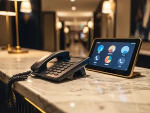 Hotelreceptie telefoonhoorn op marmeren balie met gloeiend dashboard voor gespreksactiviteit en warme lobbylichten.