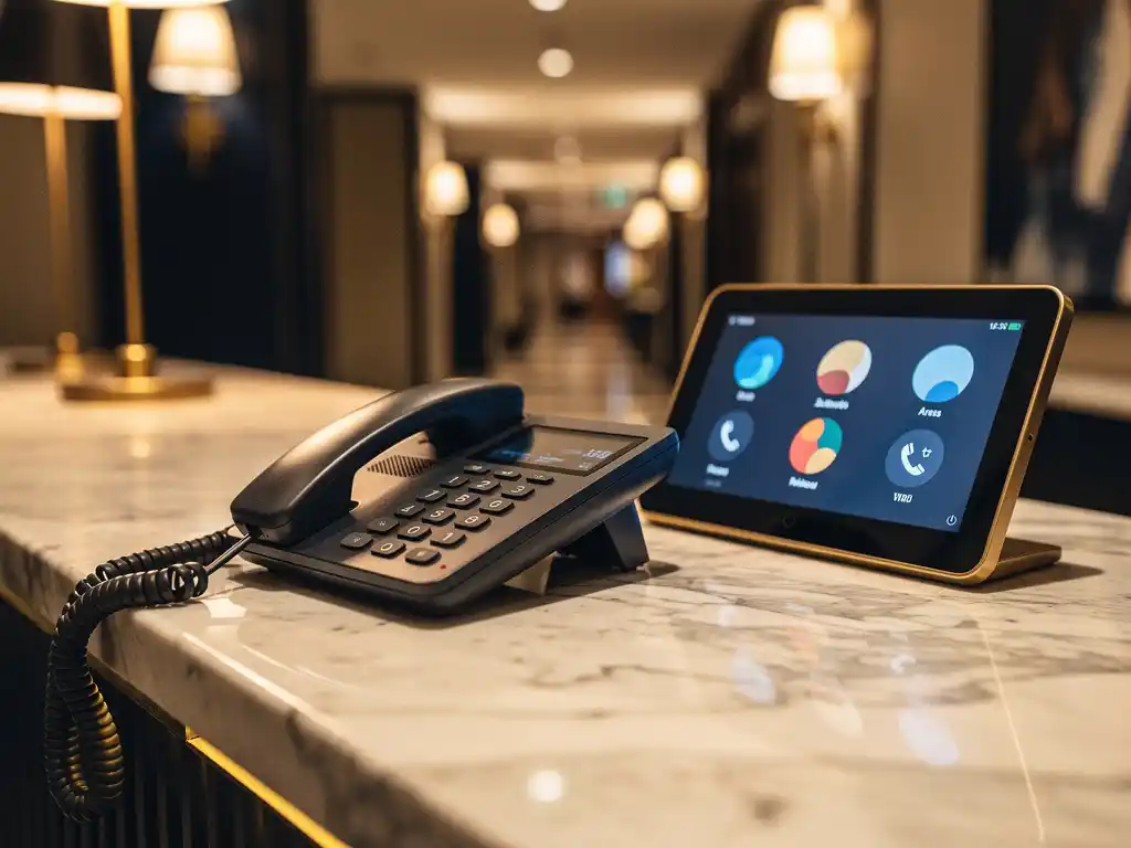 Hotelreceptie telefoonhoorn op marmeren balie met gloeiend dashboard voor gespreksactiviteit en warme lobbylichten.