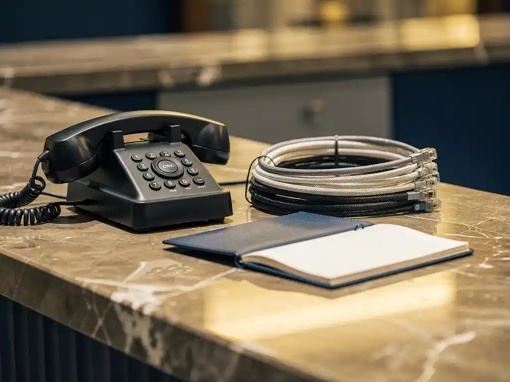 Hotelreceptiebalie met telefoonhoorn, serverbekabeling en notitieboekje op marmeren toonbank in warm gouden licht.