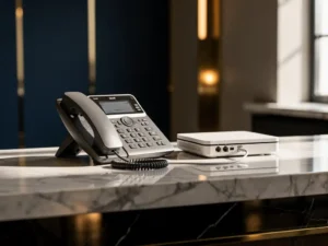 Hotelreceptiebalie met VoIP-bureautelefoon en wifi-router verbonden via ethernetkabel, marmeren oppervlak in marineblauw en goudtinten.