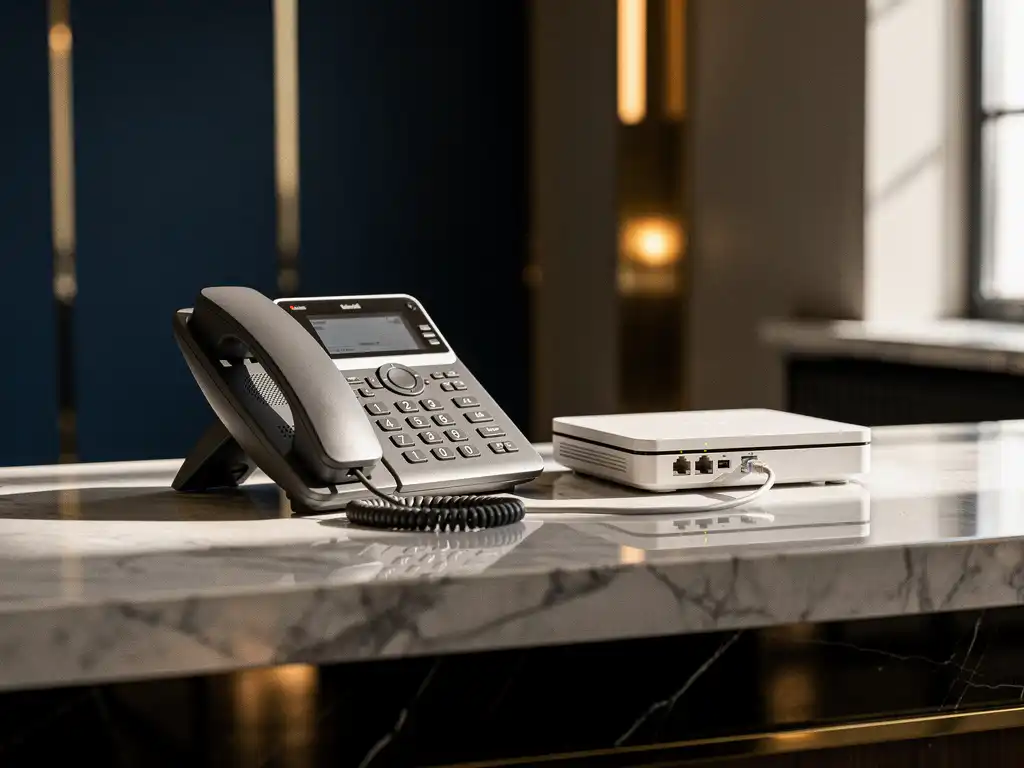 Hotelreceptiebalie met VoIP-bureautelefoon en wifi-router verbonden via ethernetkabel, marmeren oppervlak in marineblauw en goudtinten.