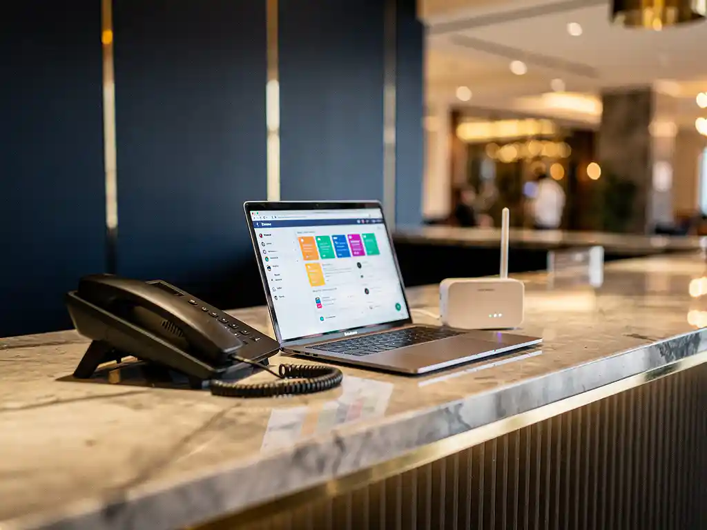 Hotelreceptiebalie met telefoon, laptop met netwerkdashboard en wifi-router op marmeren oppervlak in warm verlichte lobby.