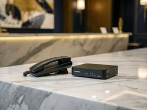 Hotelreceptietelefoon naast een cloud-gebaseerde PBX-router op marmeren balie, met warme gouden lobby-verlichting op de achtergrond.