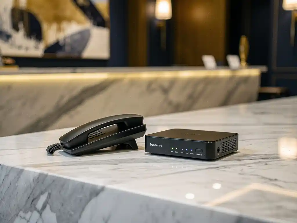 Hotelreceptietelefoon naast een cloud-gebaseerde PBX-router op marmeren balie, met warme gouden lobby-verlichting op de achtergrond.