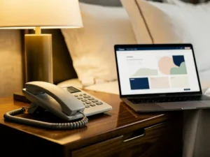 Hoteltelefoon op nachtkastje naast laptop met hotelmanagementsysteem, warme lampgloed en witte linnens op achtergrond.