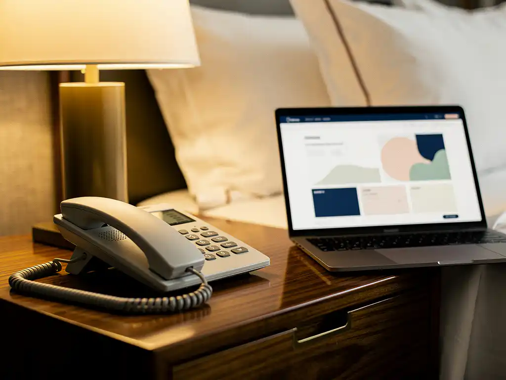 Hoteltelefoon op nachtkastje naast laptop met hotelmanagementsysteem, warme lampgloed en witte linnens op achtergrond.
