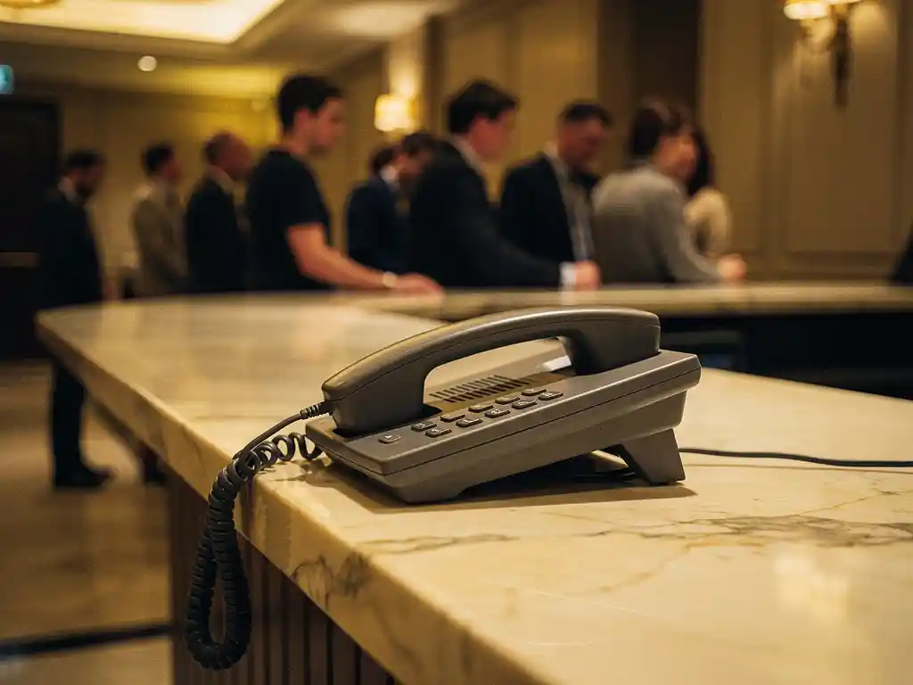 Hoteltelefoon van de haak op marmeren receptiebalie, wachtende gasten onscherp op de achtergrond, warme amber verlichting.