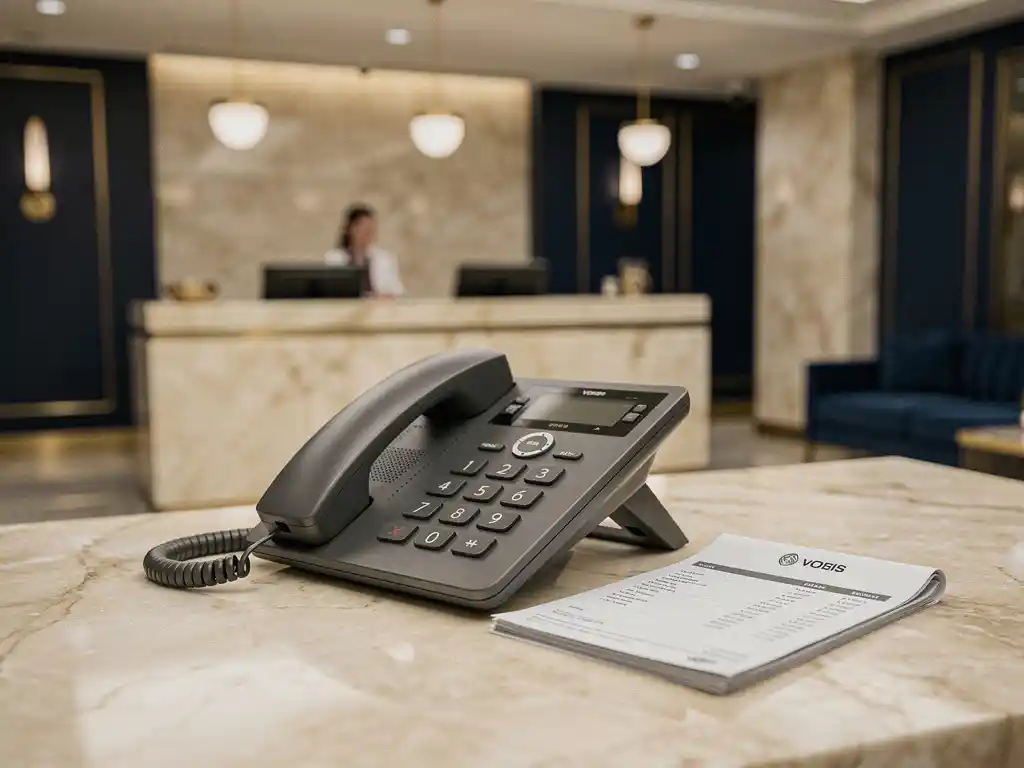 VoIP-bureautelefoon op een hotelreceptie met marmeren balie, kostenrapport en warme lobby-verlichting op de achtergrond.