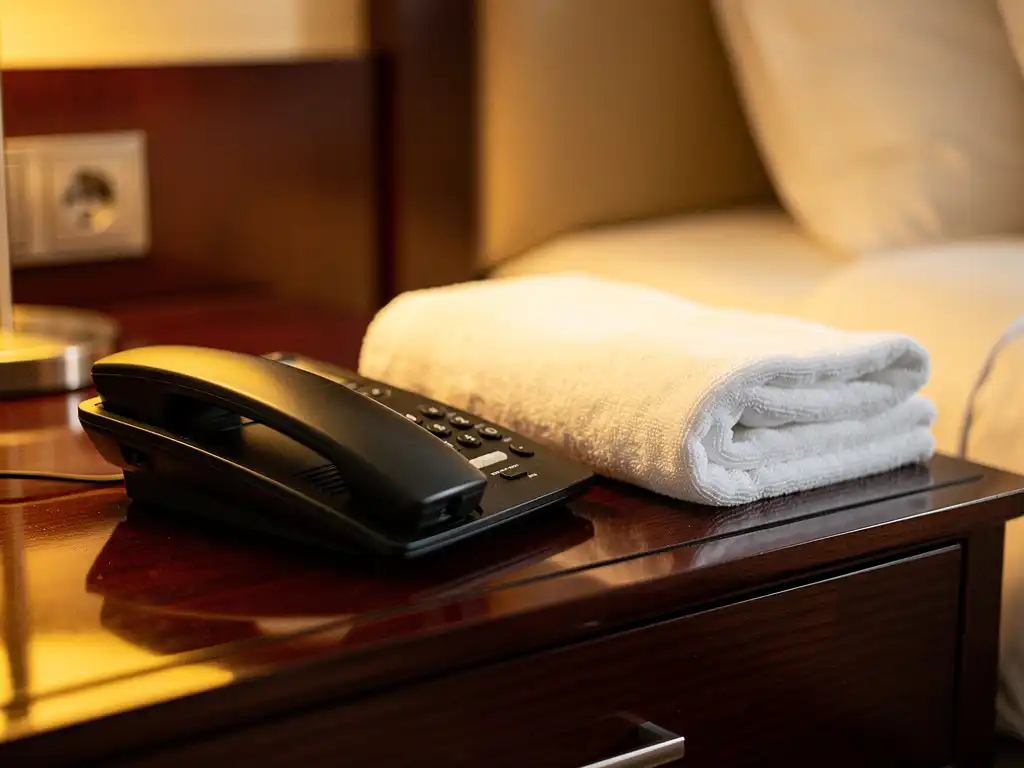 Hoteltelefoon op een gepolijst nachtkastje naast een gevouwen witte handdoek, verlicht door een warm bedlampje.