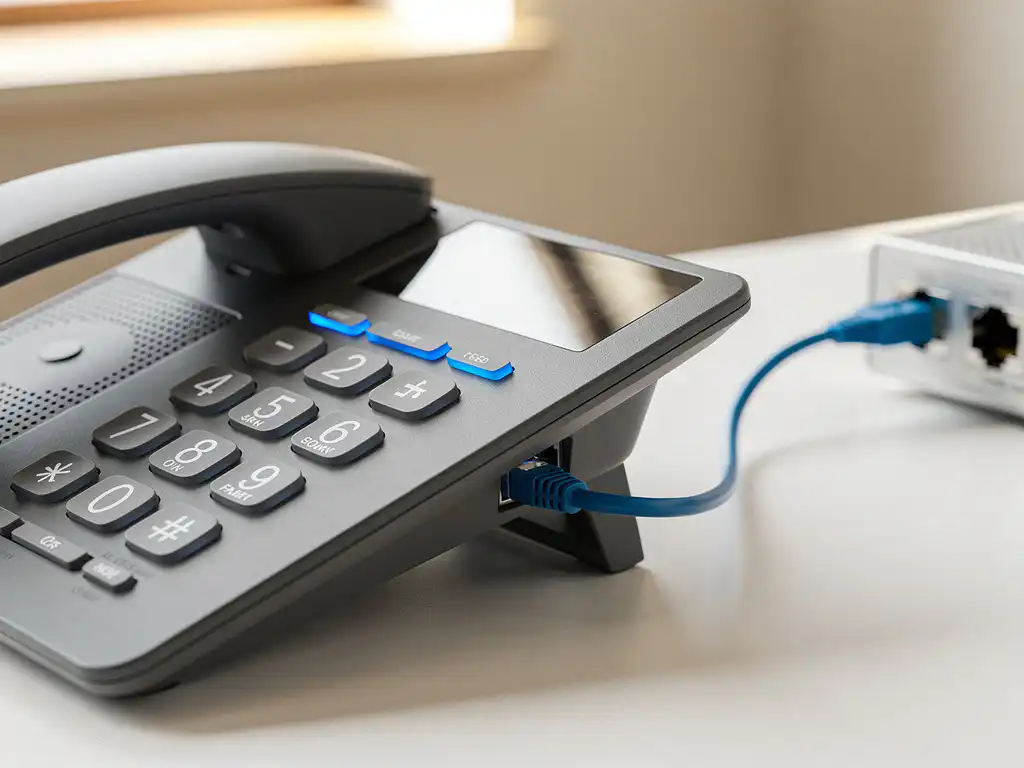 Zakelijk IP-desktelefoon met fysieke knoppen op kantoorbureau, netwerkkabel aangesloten voor migratie, kanteling in blauw en grijs.