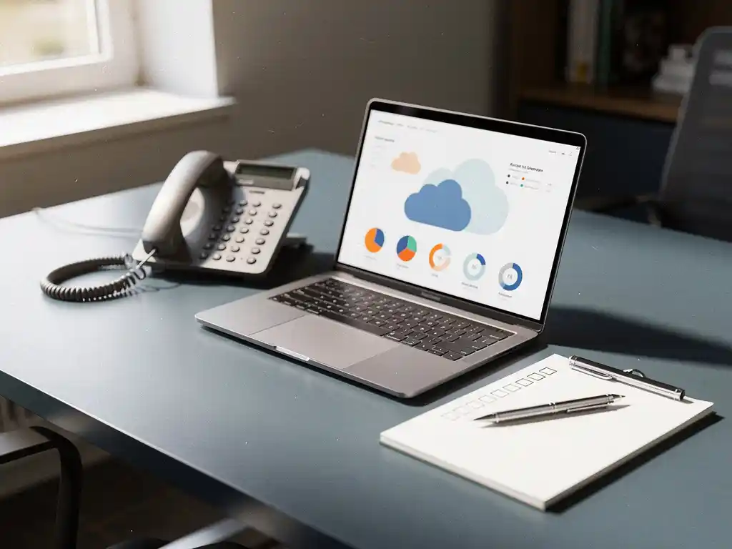 Modern bureaubureau met losgekoppelde telefoon, laptop met cloud-dashboard, notitieblok en pen in zacht natuurlijk licht.
