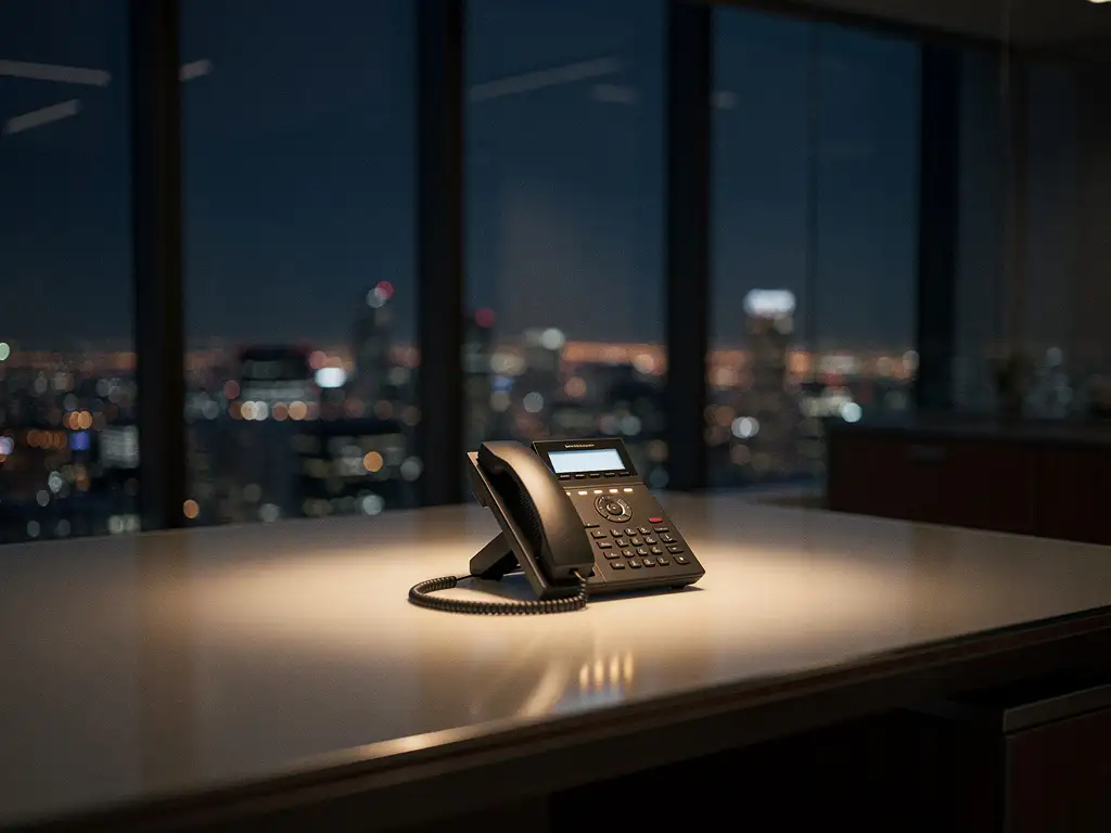 Leeg kantoorbureau na werktijd met gloeiend bureautelefoon, stadslichten zichtbaar door vloer-tot-plafond ramen in nachtelijke sfeer.